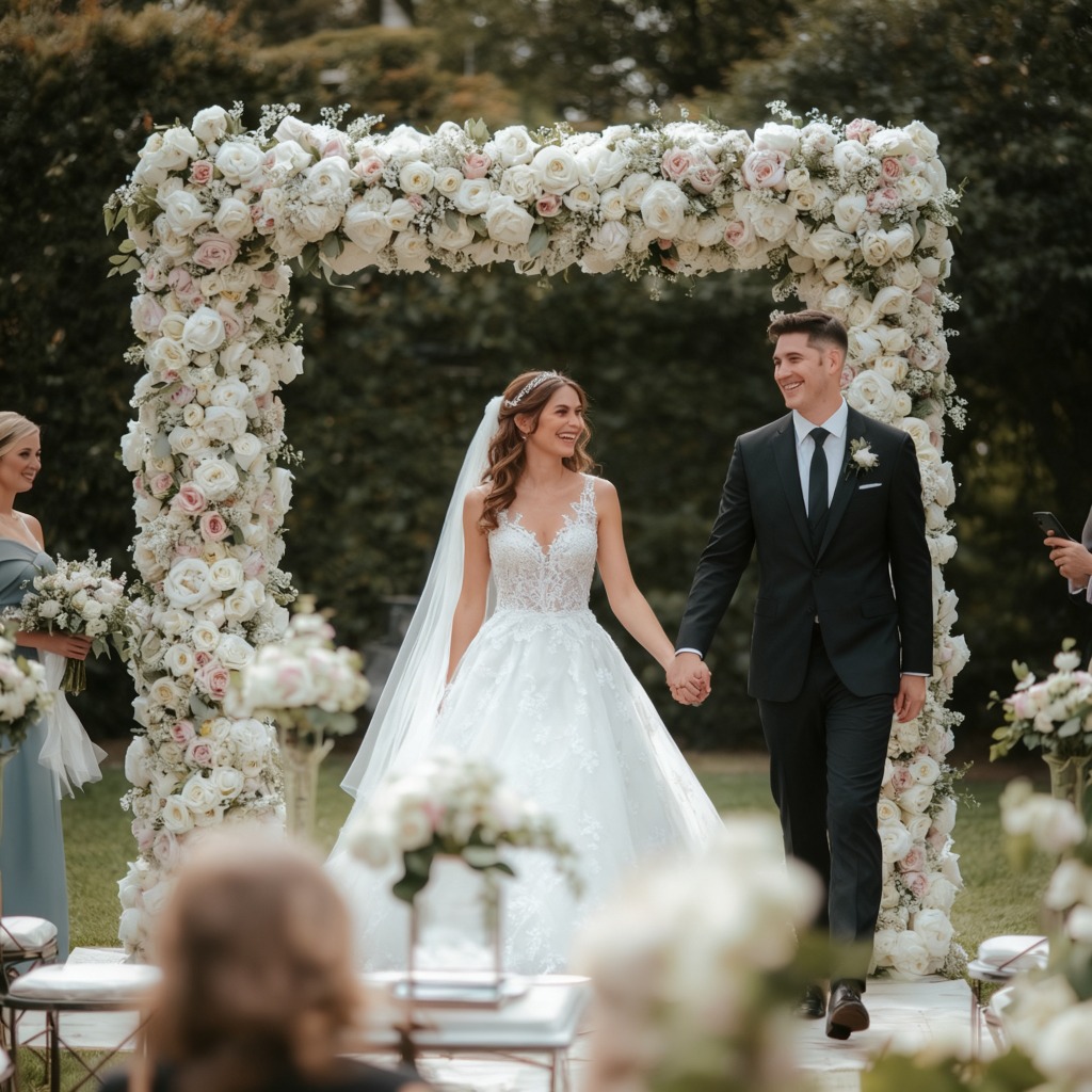 Casal saindo sob arco de flores